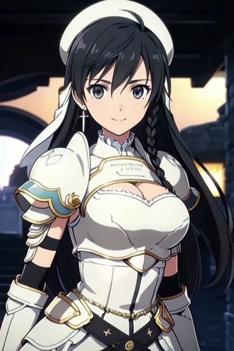 Sonia Blanche, long hair, (very dark brown hair), (black hair), cross earrings, hair ornament, veil, armored dress, pauldrons, breastplate, gauntlets, belt, skirt, greaves, (white beret), 1girl, solo, upper body, (big breasts), facing viewer, looking at vi...