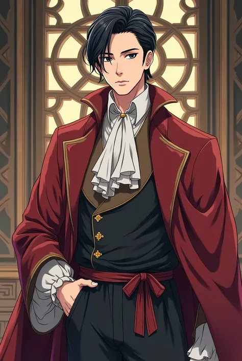 ชายAnimeผิวขาวอายุ 25 ปี, Black hair with a side part and a small volume, Forward at eye level, Dressed in the costume of an ancient English nobleman, Ancient story machine, Handsome face., An indifferent expression with black eyes., Have a strong and well...