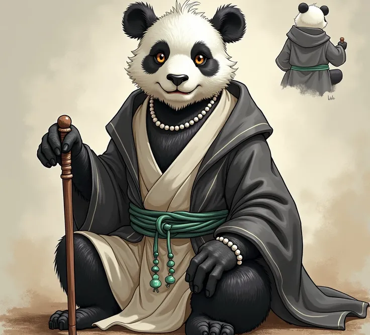 (masterpiece, top quality, best quality, official art,beautiful and aesthetic:1.2),(4k,8k, best quality,masterpiece:1.2),(((white background))), solo,Game character, the panda person, a game character inspired by pandas, wearing a black and white robe, ado...