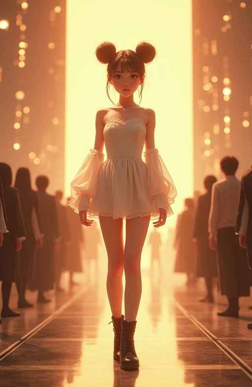 A girl in a white miniskirt dress and black boots with pale pink eyes and twin bun hair. A girl in a white dress. A delicate and divine girl.々The girl is beautifully and elegantly painted, enveloped in light.、The reason why he is worshipped like a god in t...