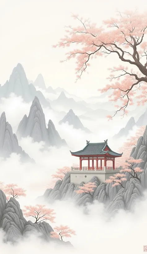 Chinese style，Mountain，cloud，pavilion，Ink Painting，Elegant，flower，Leave white space in the middle of the screen，poster design