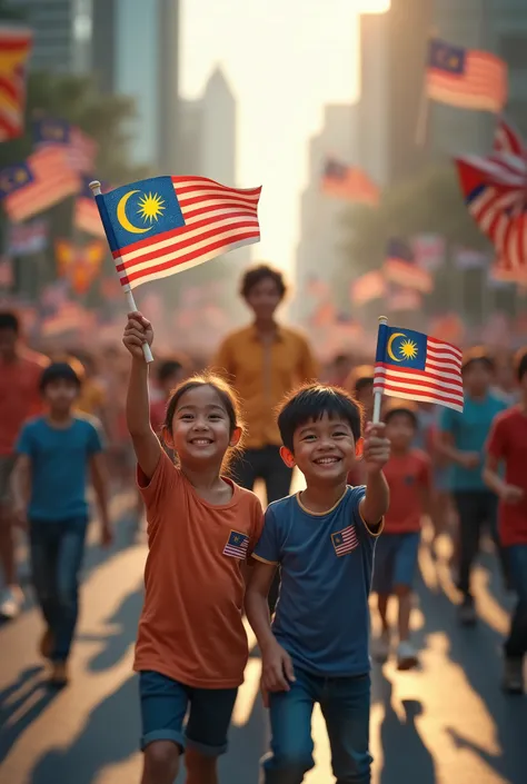 a young boy and girl holding miniature malaysia flags, tilf shift photography, all people running quickly, one person standing still in the center, detailed faces, highly detailed, 8k, photorealistic, vibrant colors, dramatic lighting, cinematic compositio...