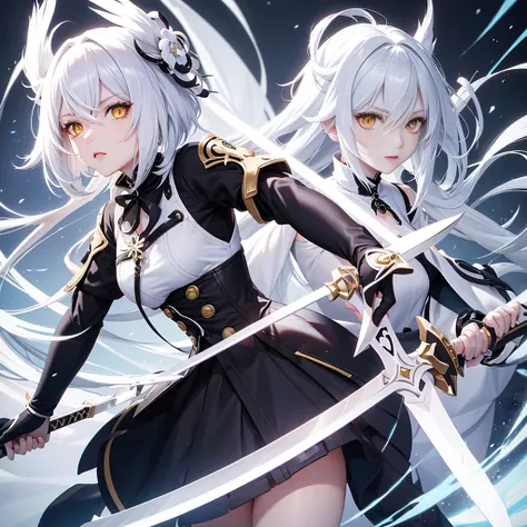 Dressed in white、Black anime girl with white hair, Yellow eyes, With sword, Genshin Impact Style