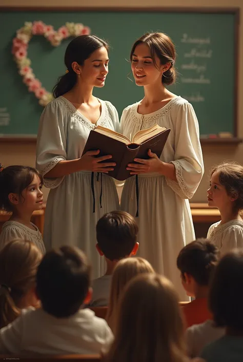 Two women holding a bible with children on either side and a heart in the background behind them in Sunday school