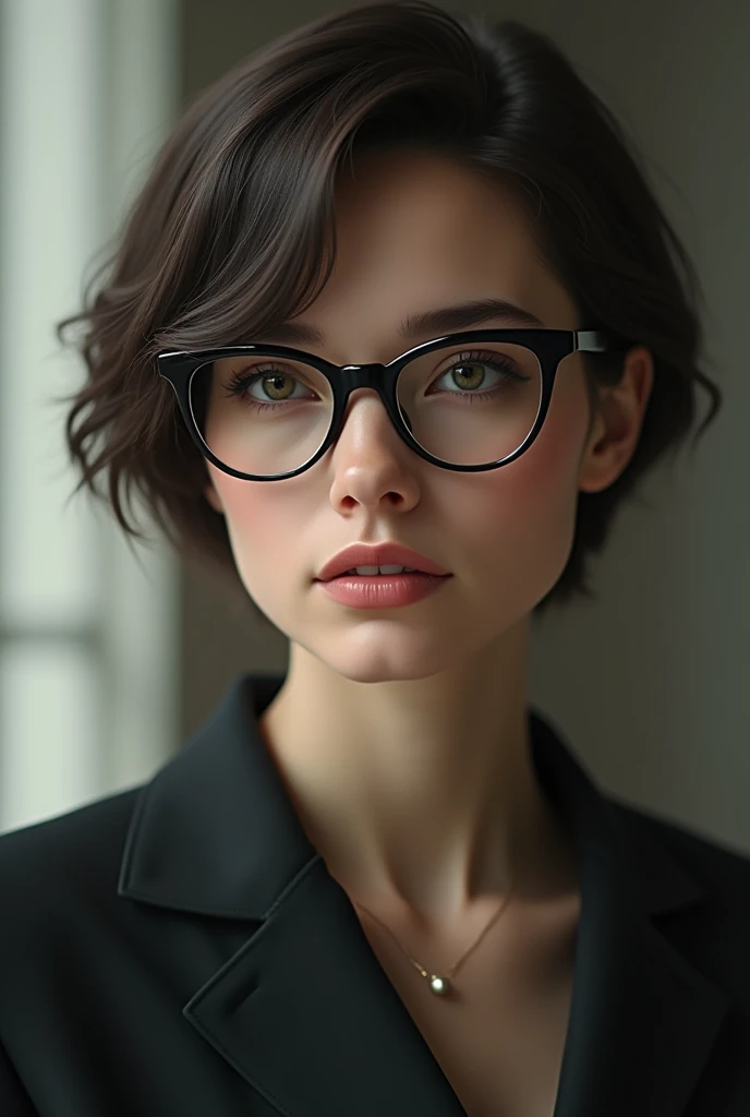 Generates an image of a brunette woman with short hair and glasses