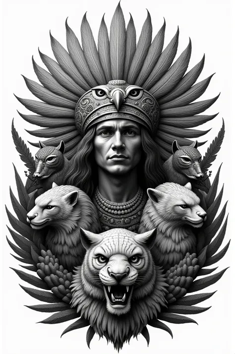 Create a beginner engraving style drawing in black with a man with a pre-Hispanic headdress with the head of an eagle around him., An owl , a panther and a jaguar. Let it look like an emblem with a maguey