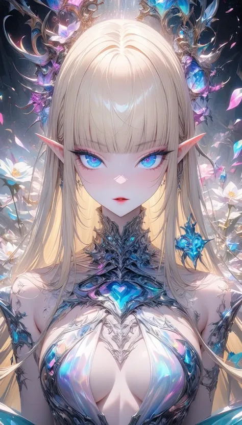 fantasy world that combines flower-punk and gem-punk, beauty elf, blonde silky straight hair with blunt bang, (attractive and seductive) and (amorous and lewd) expression, blue big eyes, glamorous proportions, wearing white knight commander costume with a ...