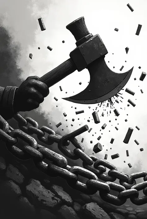 create an image about CHAINS cut by an axe that make the chains shattered and broke to pieces, bring up as a strong and sharp message to the nations