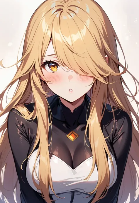 1 girl, alone, blonde hair, long hair, yellow eyes, hair covering one eye, looking at the audience, very long hair, bodysuit, Keep your mouth shut, blush, breast
