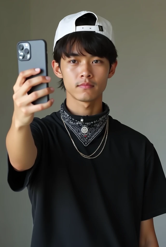 Realistic image of an 18-year-old taking a selfie with a cell phone, black shirt, chain necklace without pendant, all white backwards cap, black bandana around the throat.