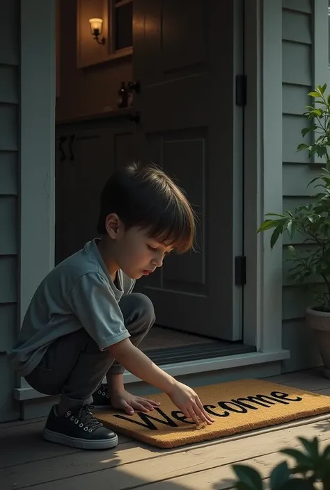 an image that represents the phrase —Mom, There&#39;s someone upstairs, I said, cleaning my shoes as she had ordered., on the doormat with the “Welcome” sign.