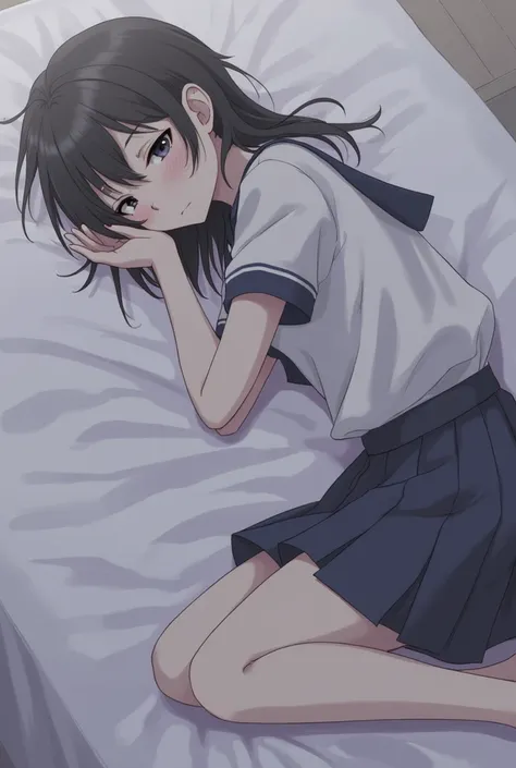 schoolgirl face down on the bed