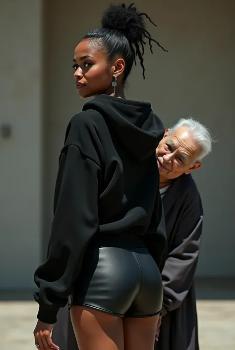 black woman hair in a bun black hoodie   black leather short shorts   a old grandma in a dress on her knees kissing her ass behind her


       