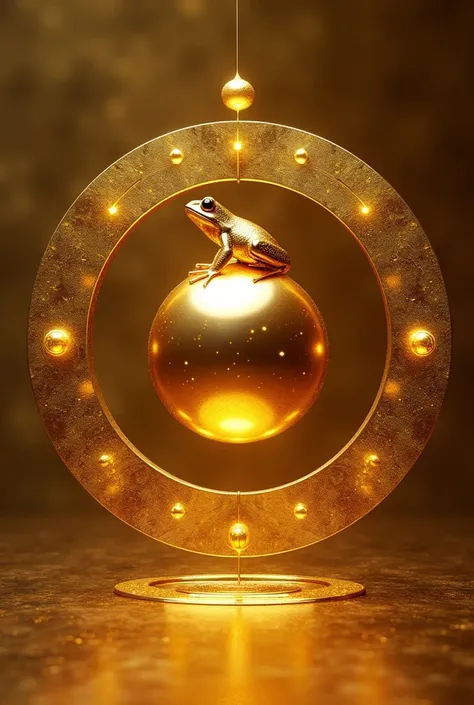 (Highest quality,High resolution,masterpiece:1.2),Very detailed,Golden,Fine golden circles,Golden sphere on a circle,Gold Texture,Golden Frog、Glossy surface,reflection,seven half circles in Golden color,small Golden sphere on top of circles,Brilliant Gold,...