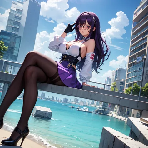 masterpiece, best quality,KFC, 1 Girl, Bangs, only_Shoulder, skirt, breast, Gloves, Jewelry, Large target_breast, long_hair, long_sleeve, Pantyhose, purple_Eye, purple_hair, shirt, Solitary,Viewer,sunglasses,Bikini, (sun, cloud,A renaissance city by the wa...