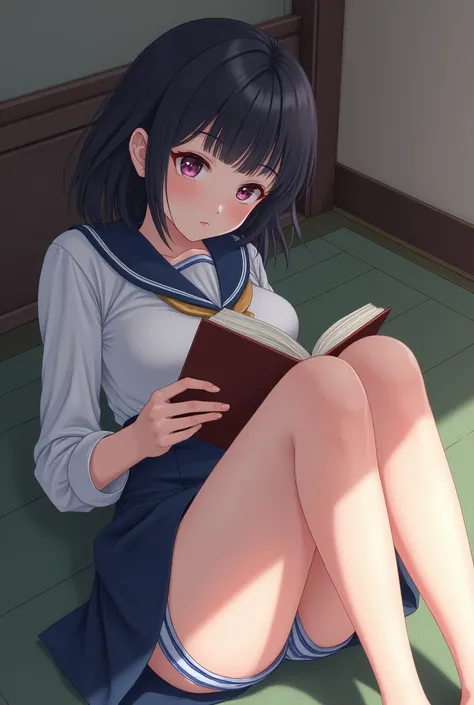 cute young japanese girl, wearing school uniform, prone on TATAMI, open legs, blue white striped panty, reading a book, looking back, pouting face, ((masterpiece, good anatomy, perfect face))), 