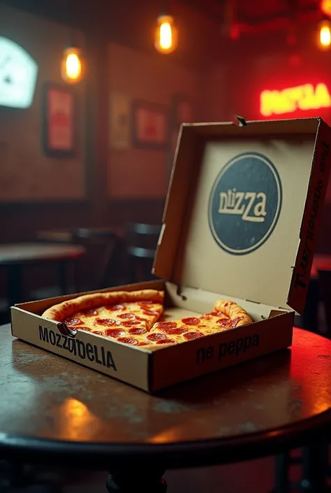 Estilo Hard Rock anos 80s. A rock pub, a table in front with a half-open mozzarella pizza box, missing slices and runny cheese. On the lid of the pizza box there is a logo with the name: "pizzIA"