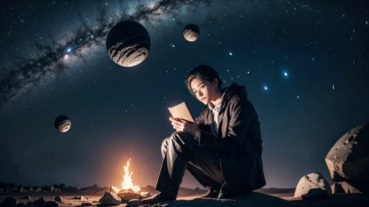 Drawing a young programmer, Sitting on a floating research platform in the middle of an asteroid belt. He is studying using a notebook, Surrounded by several asteroids that emit a fiery aura. Dramatic light from distant stars and planets illuminates the sc...