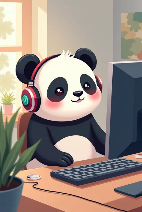 Chibi panda bear wearing headphones while using computer 