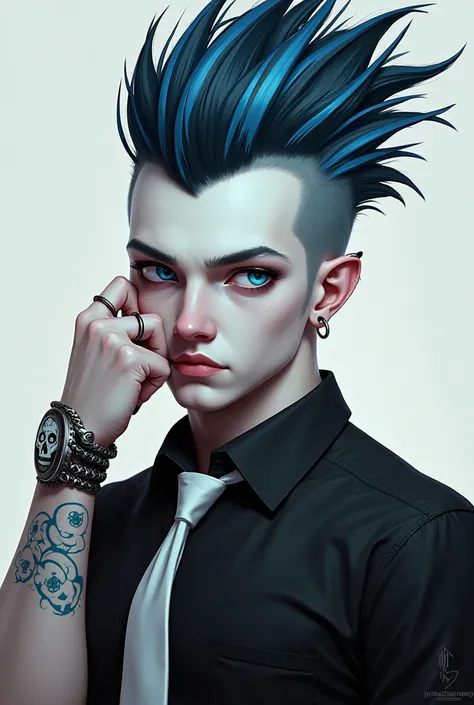 Semi-realistic drawing of a man with very white skin, mohawk with alternating colors between dark blue and white, skull tie, bracelete punk, black painted fingernails, blue colored eyes