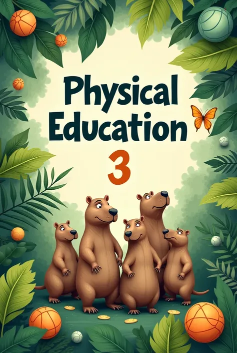 a leaf-style cover, one that is from the subject of PHYSICAL EDUCATION, the title is PHYSICAL EDUCATION 3 and that comes with a decoration according to the subject and some CAPYBARAS as decoration please