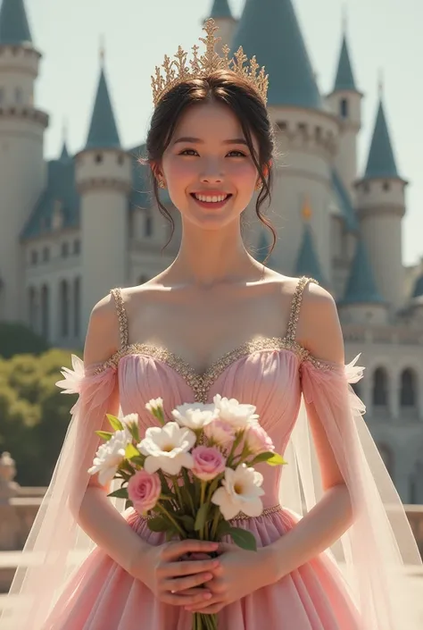 Beautiful and white young bule women wearing light pink royal dresses, wearing a golden crown, body and head position facing forward with an elegant smile, bring beautiful flowers, castle background, half body