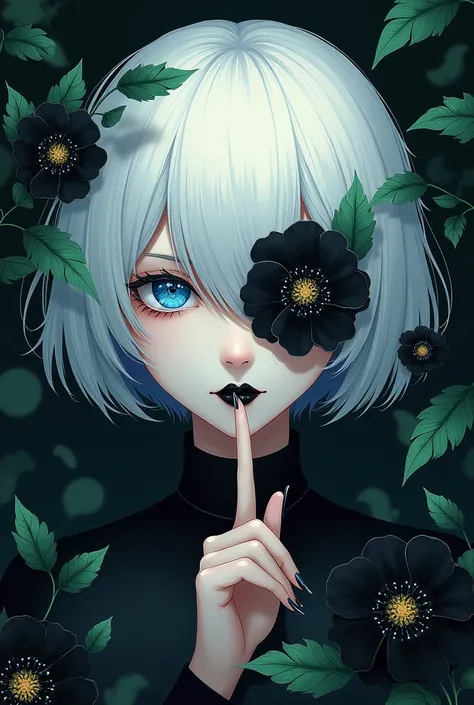 Create an image with the characteristics defined in the tag and avoid using the characteristics defined in the tag . - Female character with short white hair, estilo アニメ/mango, with a calm and enigmatic expression. - A large detailed blue eye visible, whil...