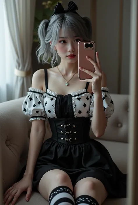 highly detailed, beautiful, hyper Realistic girl, masterpiece, best quality, Japanese sexy gravure Instagrammer, 28-years-old, identity hidden, sitting on the Sofa, all body shot, , takes a selfie in her room using a smartphone in front of a mirror with on...