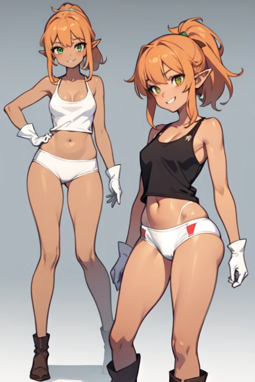 (High definition) (masterpiece), Young elf girl, wide hips, small breasts, slender body, big thighs, beautiful legs, medium orange hair, tanned skin, green eyes, wearing white tank top, black bikini botton, brown gloves, with ponytail, brown boots, relaxed...