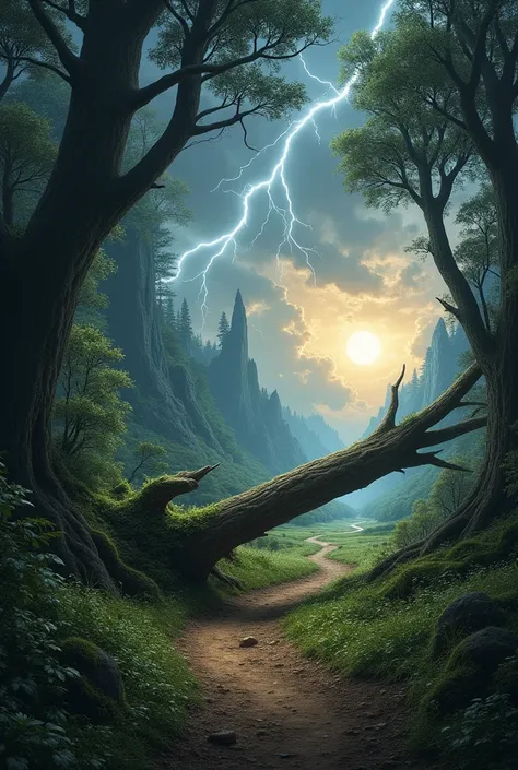 draw, thunder lightening, fallen tree, trail, middle earth fantasy, sun over clouds