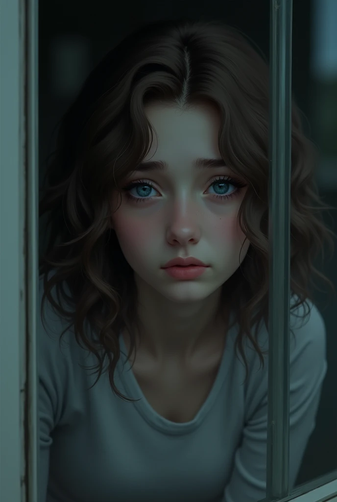 a woman with wavy brown hair and blue eyes peering out of a glass door with a sad look