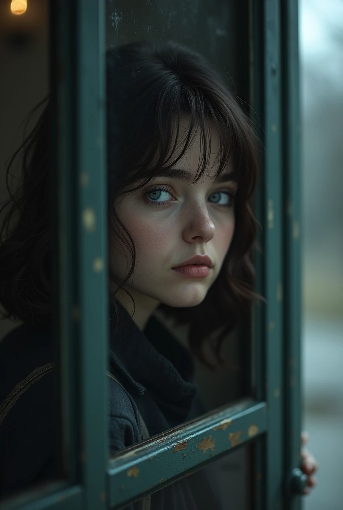 a woman with wavy brown hair and blue eyes peering out of a glass door with a sad look