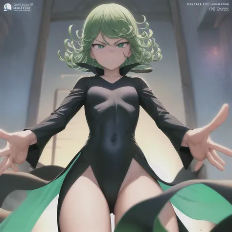 masterpiece, best quality, ultra-detailed, illustration, epic lighting, cinematic composition, 1girl, tatsumaki, very small breasts, black dress, pelvic curtain, long sleeves, green eyes, glowing eyes, crossed arms, pouting, closed mouth, piercing gaze,sta...