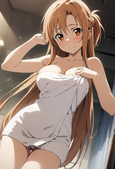 1girl, asuna (sao), sword art online, masterpiece, best quality, absurdres,best quality, masterpiece, solo, safe for work, 1 female、(soft bust:1.2)、(natural breasts)、(cleavage)、(Slender body shape)、(naked towel)、(cover your chest with a bath towel)、(view a...