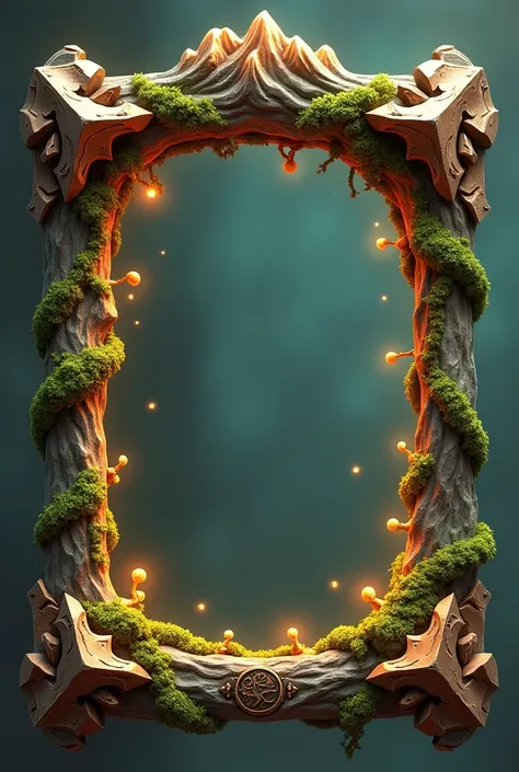 Create a 3D stylized card frame for an earth-themed character with a sturdy, rugged structure that complements the characters nature-inspired design. The frame should be solid and grounded, using earthy browns, mossy greens, and rich gold shades with glowi...