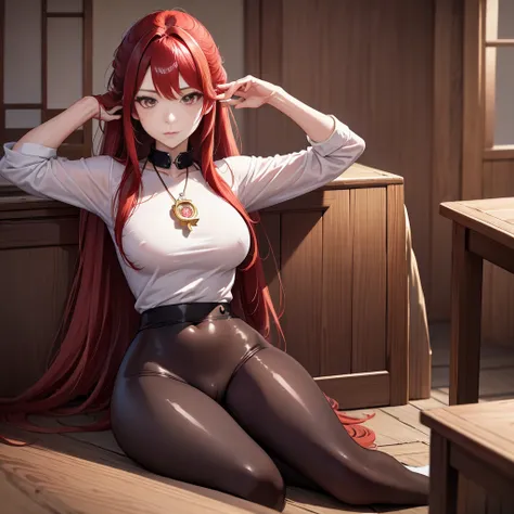 2D, masterpiece, best quality, Japanese cartoons, The face is rich in detail, Very detailed eyes, Very detailed background, Perfect lighting, 1 Girl, Solitary, whole body, permanent, Latex Leggings, White shirt, Red hair, amulet 