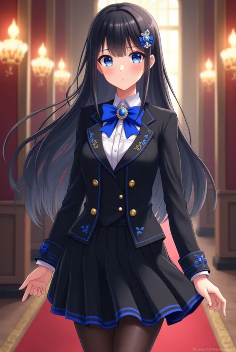 ANIME GIRL NOBLE WOMAN WITH BLUE EYES, BLACK HAIR, DREESING A ANIME GIRL NOBLE WOMAN WITH BLUE EYES, BLACK HAIR, DREESING For girls ..Blouse:
Style: Long-sleeved blouse with a high collar or Peter Pan style. The front opening can have royal blue buttons.
F...