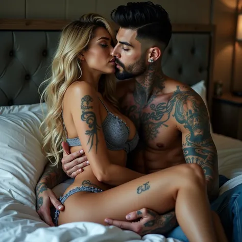 High resolution, multiple views, vivid, hd, zoomed out, a gorgeous, Caucasian woman, long blonde hair with blue hair ends, blue eyes, beautiful makeup and contour, tattoos, “Eli” tattoo on collarbone, big breasts, seductively kissing on a bed, wearing lace...