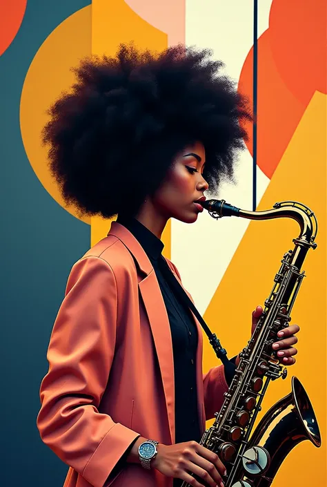 Afro-haired Japanese female saxophone player,Modern Art,