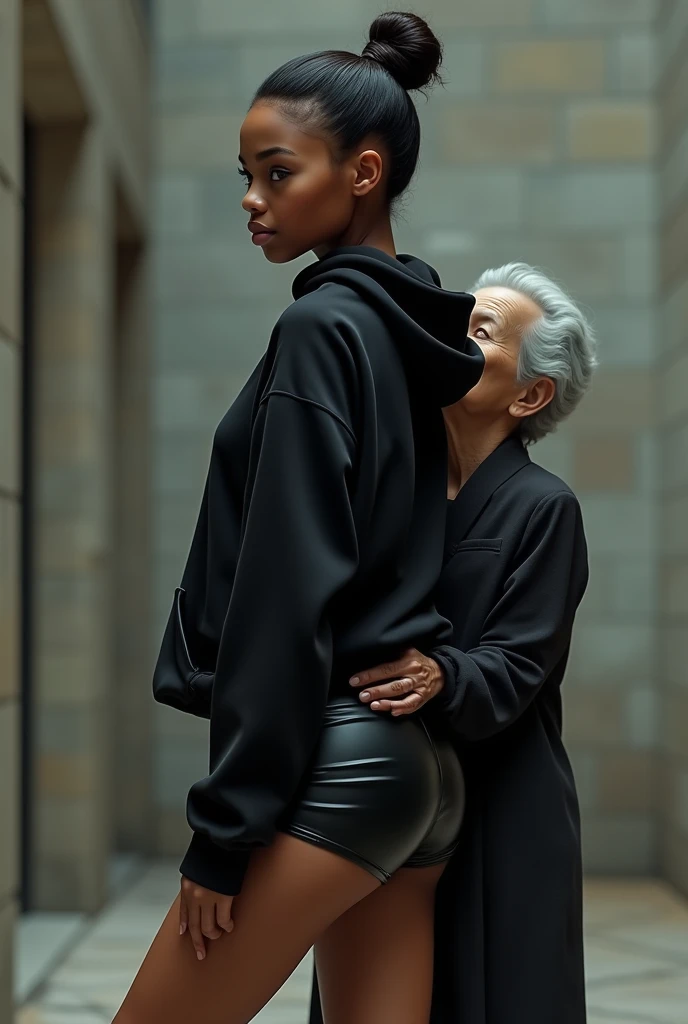 black woman hair in a bun black hoodie   black leather short shorts   a old grandma in a dress on her knees kissing her ass behind her


       