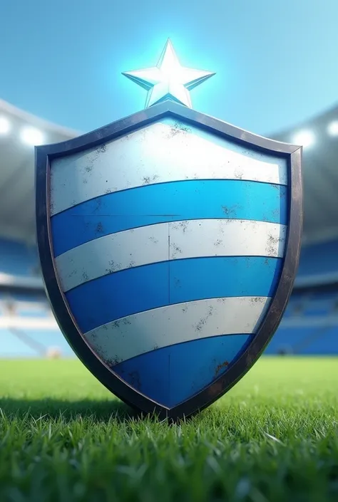 Can you create a football shield for me with 3 light blue stripes?, white and green and a star above the shield 