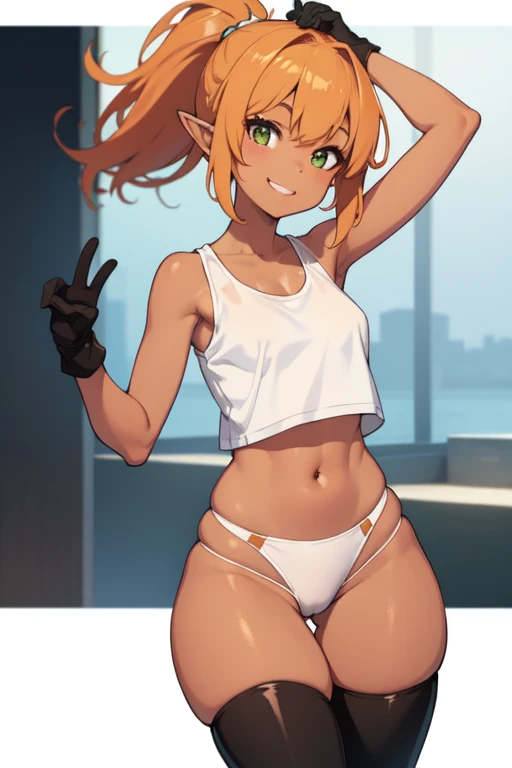 (High definition) (masterpiece), Young elf girl, wide hips, small breasts, slender body, big thighs, beautiful legs, medium orange hair, tanned skin, green eyes, wearing white tank top, black bikini botton, brown gloves, with ponytail, brown boots, relaxed...