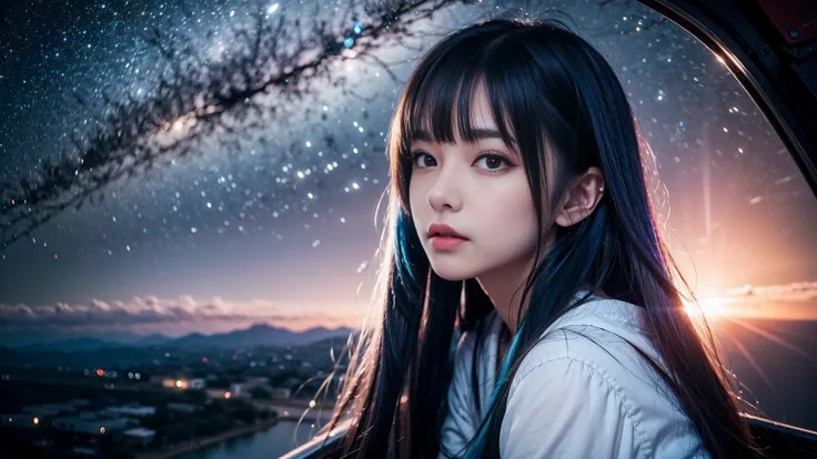 Highest quality, detailed, 4K, RAW Photos, masterpiece, detailed face,, performer, planet, Milky Way, space,, a photo of アニセマー flying in space, Blue Hair, bangs, Long Hair, View your viewers, 