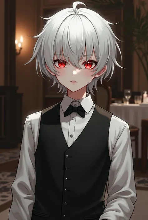 Young white haired boy, Red eyes, wearing waiter clothes

