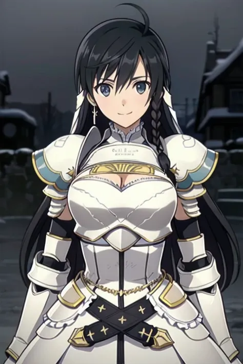 Sonia Blanche, long hair, (very dark brown hair), (black hair), cross earrings, hair ornament, veil, armored dress, pauldrons, breastplate, gauntlets, belt, skirt, greaves, (white beret), 1girl, solo, upper body, (big breasts), facing viewer, looking at vi...