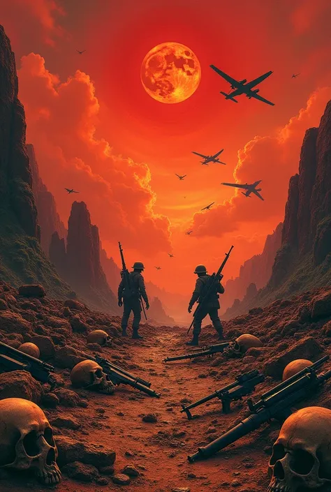 Thrash metal album cover about civil war, the sky turned from orange to blood red, with a blood moon.  the ground was barren, without a tree, enemy planes were dropping bombs in the sky, the dead soldiers turned into skeletons and lay scattered everywhere,...