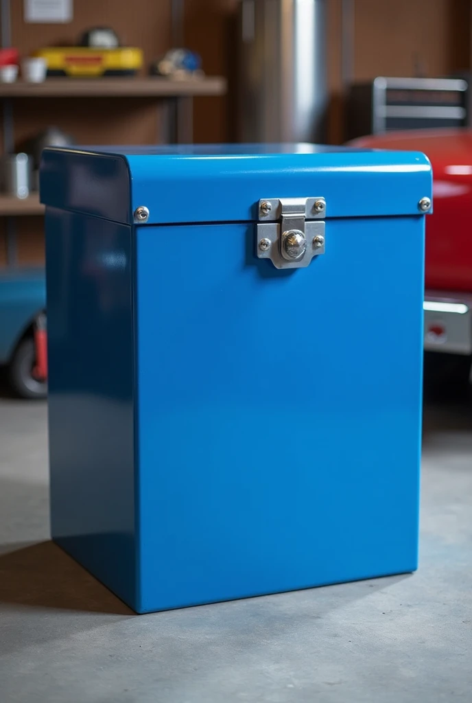 blue 2 door metal workshop storage box with button