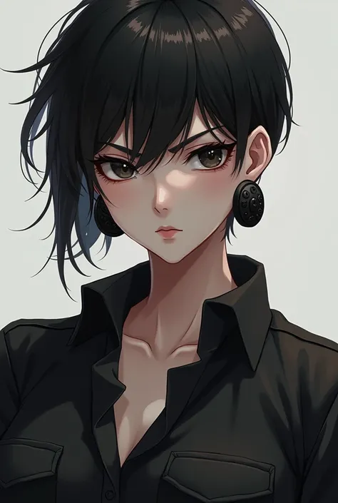 anime styling/white woman drawing, Bullish, short black hair almost shaved, dark shaped eyes, ear plug