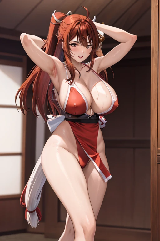 masterpiece, best quality, beautiful art, high resolution, well formed hands, body and fingers, 1 woman, solo, Meg, 3, red makeup, red lipstick,adult, grown up,  cosplaying as Mai Shiranui , mai_shiranui_cosplay, adult, large and big breasted, cleavage, fu...