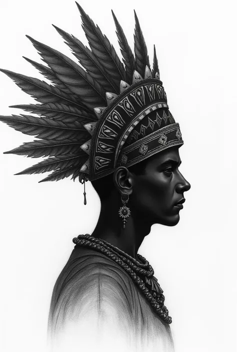 Create a beginner sketch style drawing in black pencil with the silhouette of a man in profile with a pre-Hispanic headdress similar to that of Quetazalcoatl